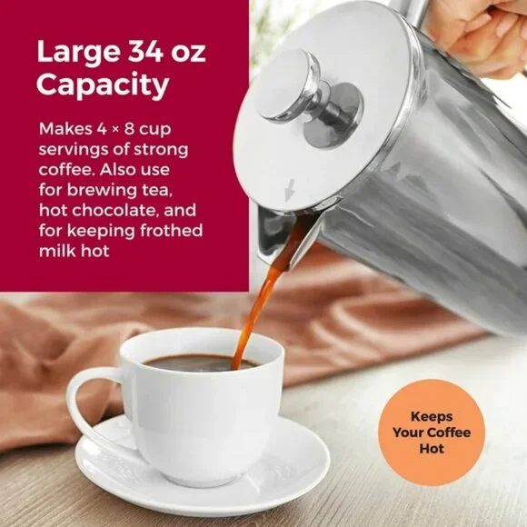Mueller Living French Press Coffee Maker 34oz, Stainless Steel, Double Insulated - Picture 9 of 10